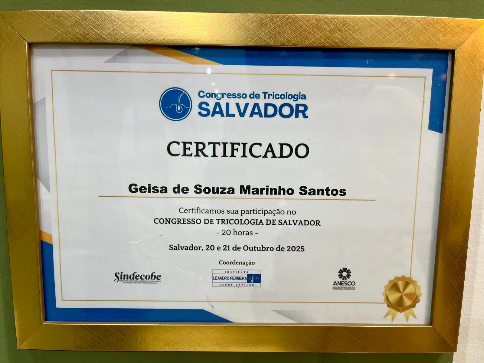 Certificado do Congresso de Tricologia de Salvador