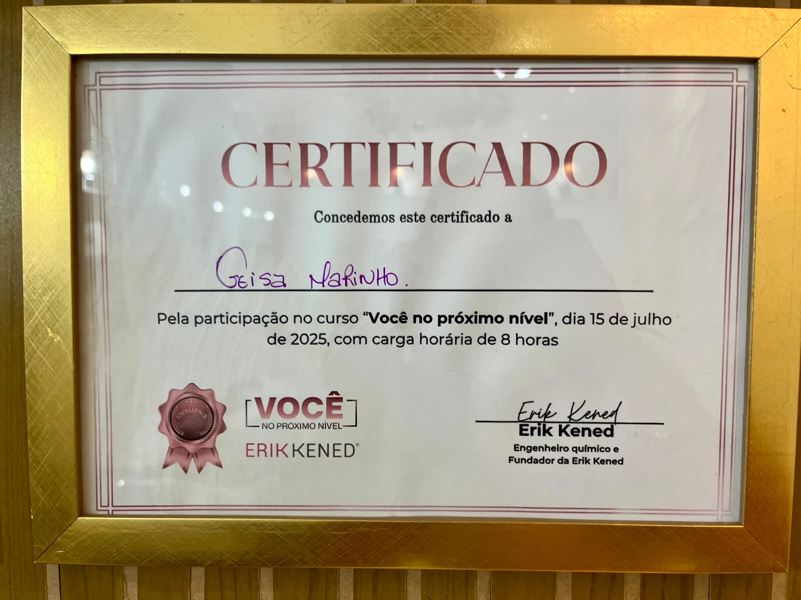 Certificado do Curso Você no Próximo Nível de Erik Kened