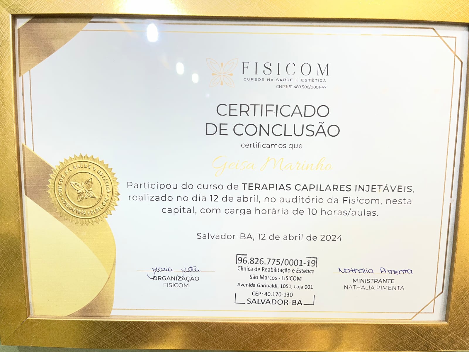 Certificado de Conclusão em Terapias Capilares Injetáveis da Fisicom
